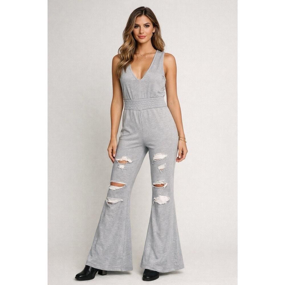 Kendall + Kylie Gray Flare Jumpsuit Womens XS Boho Bell Bottom Romper